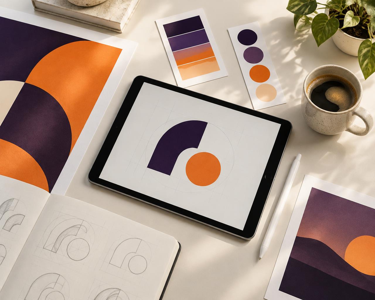 A designer's desk with logo sketches and purple and orange color swatches